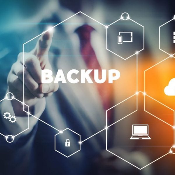 Data security backup concept business man selecting word from modern virtual interface